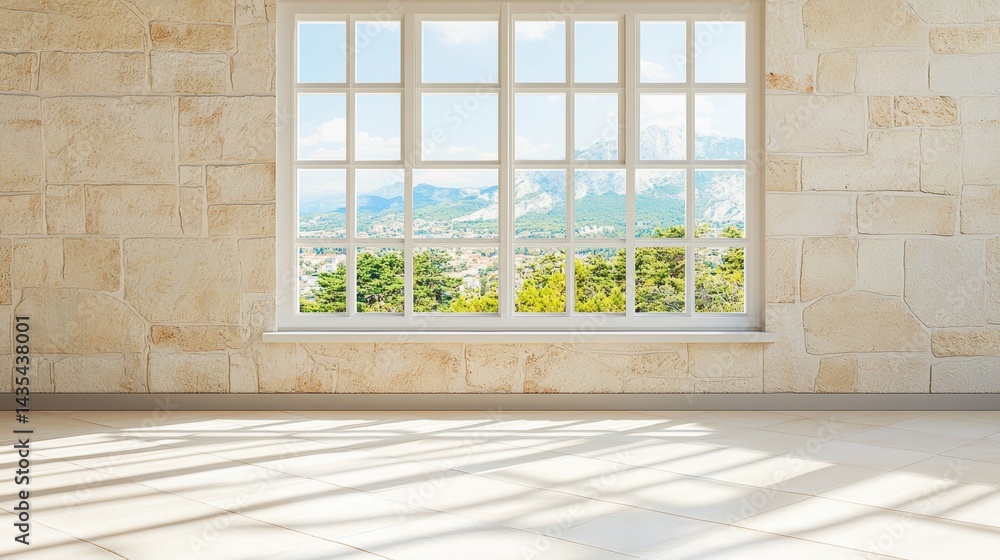 Aufkleber a large window with a view of a mountain range and a city.