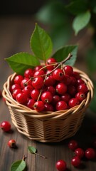 A rustic wicker basket filled with fresh red berries and green leaves sits on a wooden surface, evoking a sense of natural abundance and earthy charm