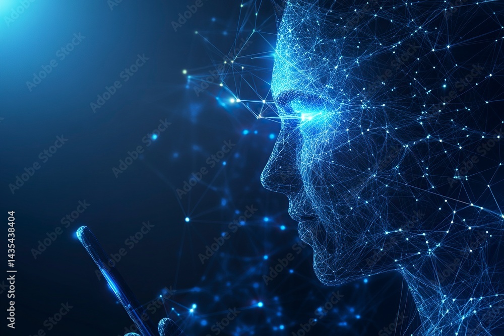 Poster a businessman is using his smartphone to scan with facial biometric technology for future faces. dot