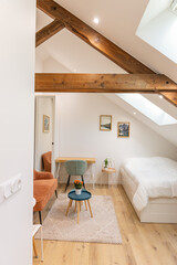 Intérieur lumineux d’une pièce de vie combinant salon et espace nuit avec lit, dans un style moderne et fonctionnel