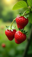 Three ripe strawberries hang from a vine against a lush green background with soft sunlight filtering through leaves
