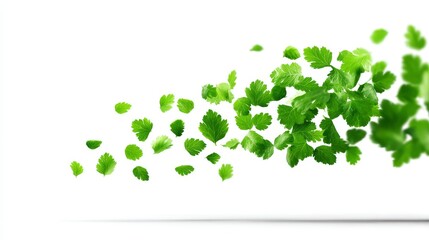 Fresh Parsley Leaves Falling - Green parsley leaves falling on white background, ideal for food, health, or nature-themed projects