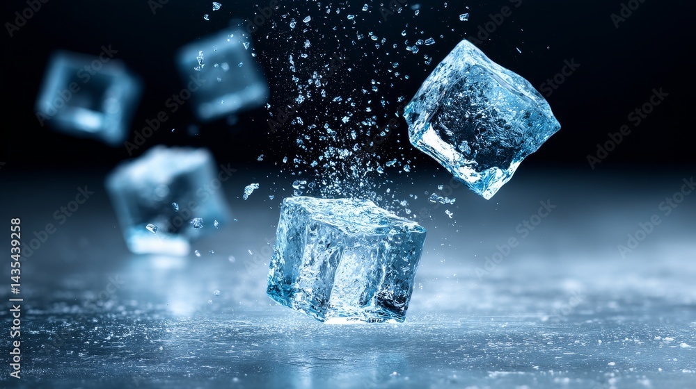 Poster frozen water cubes falling - multiple ice cubes falling and splashing on a dark surface, creating a 