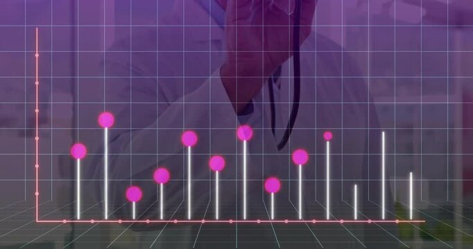 Male doctor holding stethoscope toward viewer in medical office, with 3D grid and pink data bars