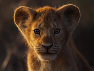 Obraz premium Adorable lion cub portrait golden hour light captivating gaze wildlife beauty African savannah