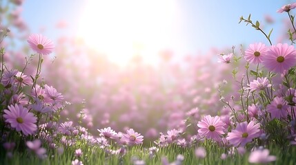 Obraz premium Pink Cosmos Field with Sunny Day.