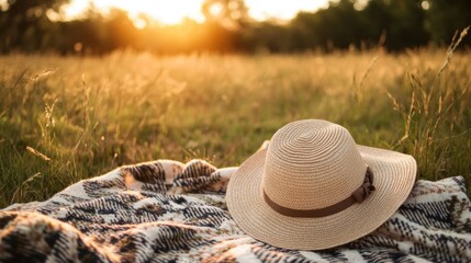 A straw hat rests on a blanket in a grassy field