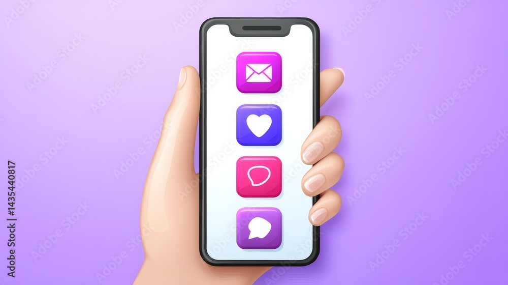 Poster hand holding smartphone showing notifications - a hand holds a smartphone displaying notification ic