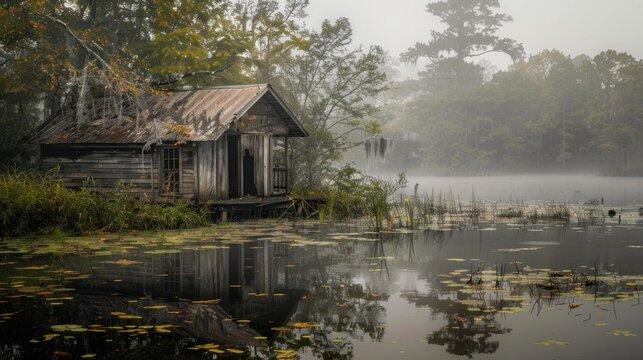 A rustic shack in a foggy swamp stock photo --ar 16:9 --raw --v 6 Job ID: 8a8bfa92-c530-4082-86d9-7e0ad1cb6fb0