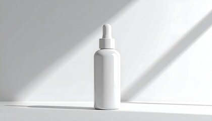 Minimalist skincare bottle mockup with white pump dispenser, clean label area, standing on white background.