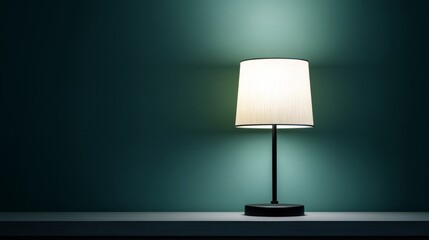 Illuminated Table Lamp on Teal Background - A single table lamp with a white shade illuminates a teal wall, creating a calming and serene atmosphere