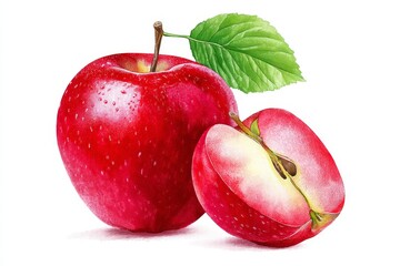 Juicy Red Apple with Slice - A vibrant watercolor illustration of a whole red apple and a juicy slice, showcasing its crisp texture and bright color against a white background