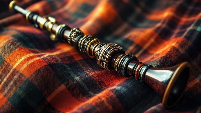 Traditional wooden flute resting on warm plaid fabric