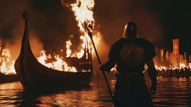  Viking in a fur coat stands and looks at the burning ships
