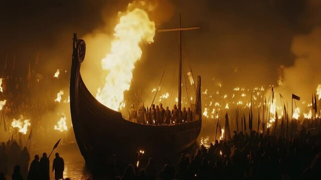Vikings watching burning drakkar at night during ceremony with torches and fire