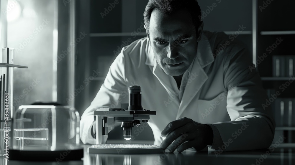 Poster a scientist meticulously examines a sample under a microscope in a dimly lit laboratory.