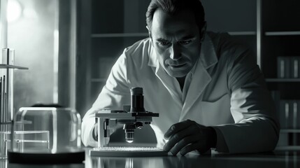 A scientist meticulously examines a sample under a microscope in a dimly lit laboratory.