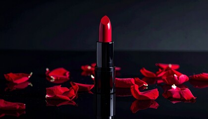 lipstick and rose on black background