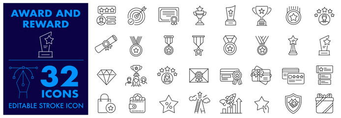 Reward and Award Icon set. badge, trophy, certificate, winner, medal, success, best, champion and others. Editable stroke