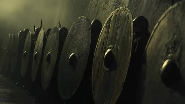 Roman soldiers holding shields in formation protecting the city wall