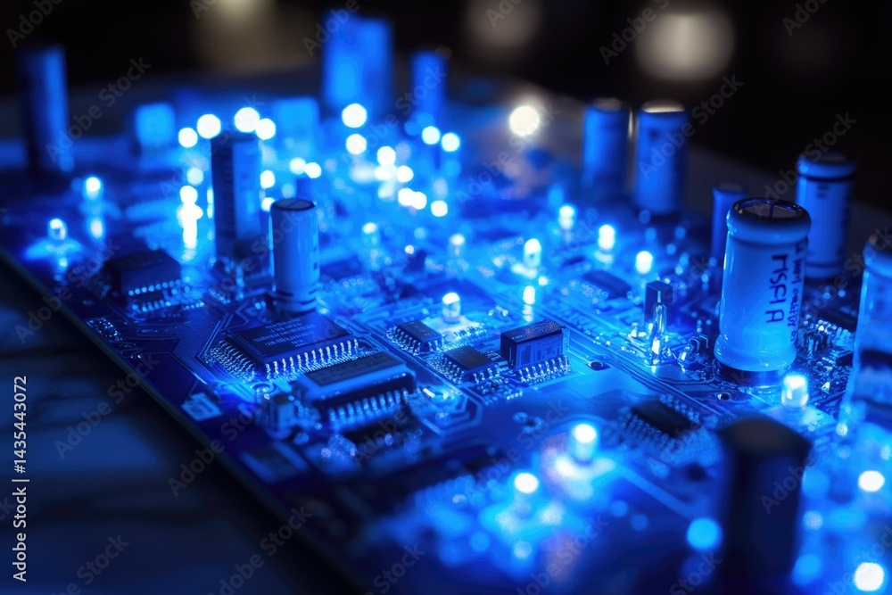 Poster close-up view of a circuit board illuminated with blue leds, showcasing intricate electronic compone