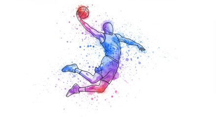 Fototapeta premium Vibrant watercolor basketball player illustration in dynamic dunking motion