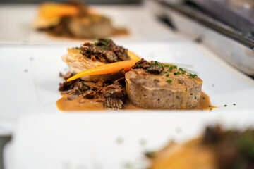 Assiette gastronomique colorée décorée avec soin, mêlant textures et nuances vives pour une présentation élégante et appétissante.