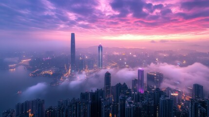Fototapeta premium The City Skyline At Sunset Showing Buildings And Clouds