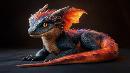 Colorful dragon creature resting on a dark surface with a mystical background