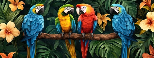 Obraz premium A vibrant illustration of four colorful parrots perched on a branch surrounded by tropical foliage.