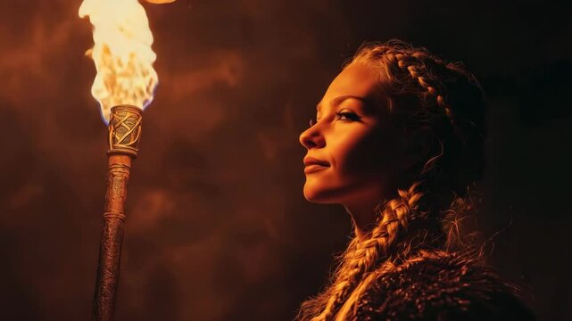 Viking woman holding torch looking up at night