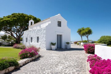 Picturesque Mediterranean Whitewashed Church - Serene coastal church, symbolizing peace, faith, tranquility, heritage, and beauty. A picturesque scene