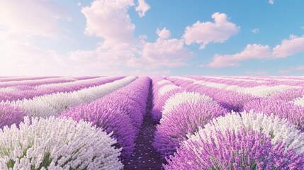 Obraz premium A vibrant landscape of lavender fields under a blue sky with fluffy clouds.