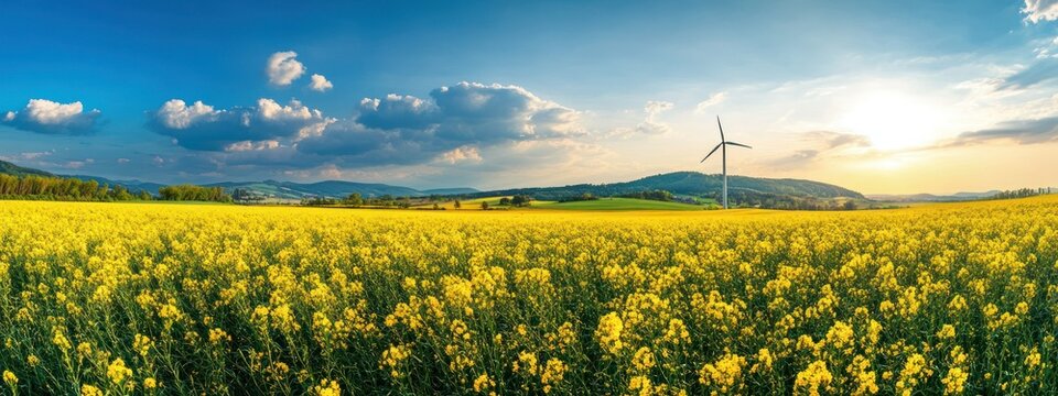 A vibrant landscape featuring a field of yellow flowers and a wind turbine under a blue sky.