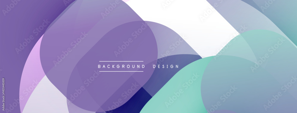 Poster abstract shapes overlap, creating soft gradients. purple, teal, white hues dominate composition. min