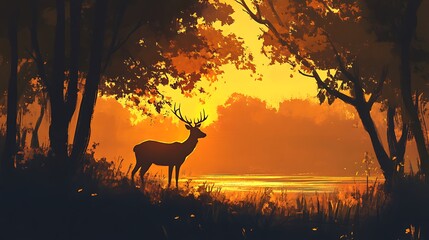 Deer silhouette sunset forest lake.