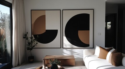 Modern living room decorated with abstract framed wall art