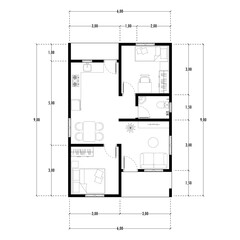 Architecture plan with furniture. home floor plan, isolated on white background, stock illustration.