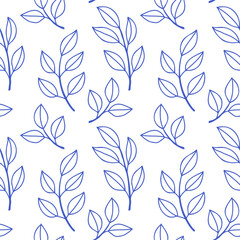 Fototapeta premium Simple leaves pattern blue outline on white background. Mediterranean blue floral seamless pattern for wrapping, textile, cover, scrapbooking
