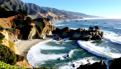 Coastal Cliffs at Big Sur with Dramatic Waves Crashing Against the Shore