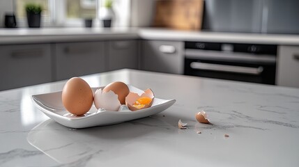 A minimalistic kitchen countertop with a few organic eggs placed beside a cracked shell and yolk in a clean white dish