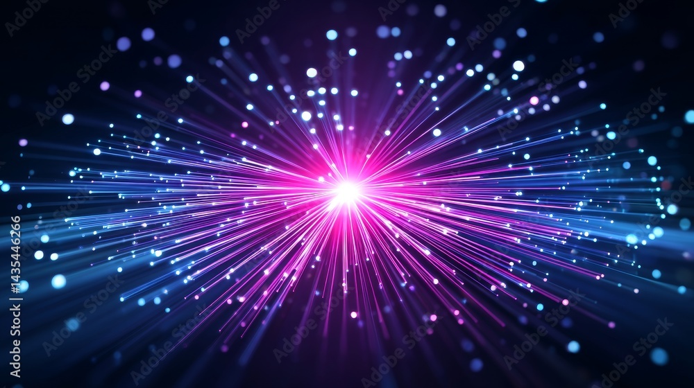Poster radiant light burst - abstract of vibrant pink and blue light rays emanating from a central point, c