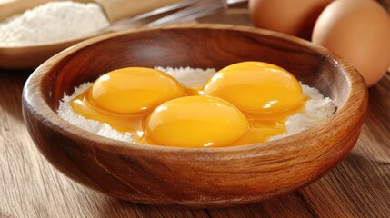 Organic eggs in a wooden bowl with flour, whisk, and ingredients for a natural baking scene