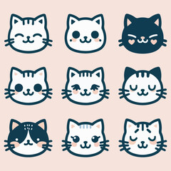 A set of  cute cat face icons with different expressions and fur patterns 