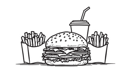 Fast food hamburger fries and soft drink line art illustration theme