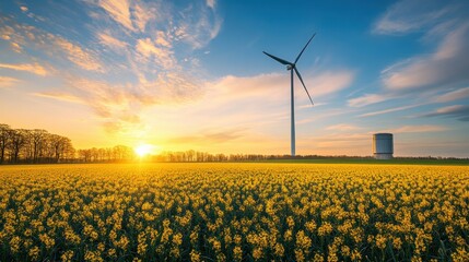 A vibrant sunset over a field of yellow flowers with a wind turbine and water tower in view.