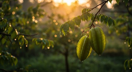 Obraz premium Green star fruit on branch in garden