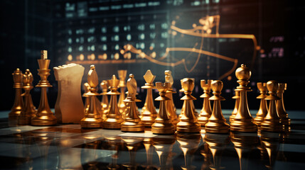 Golden chess pieces on a digital display with abstract elements, symbolizing strategy and technology.

