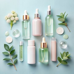 Flat Lay Skincare Routine Serums, Toners, and Essentials