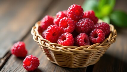 Fresh raspberries in a wicker basket on a rustic wooden table, highlighted by natural light with a focus on texture and color